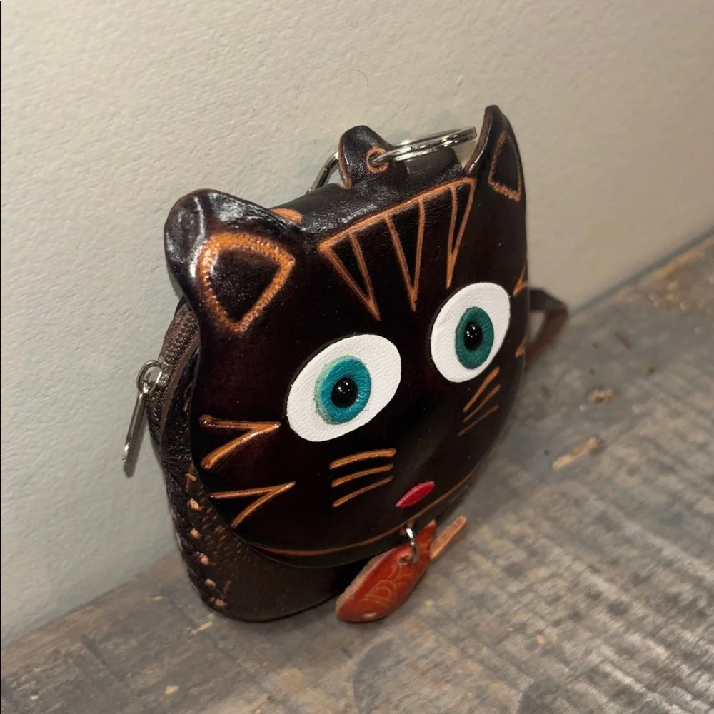 Brown Cat Face Leather Wristlet Bag